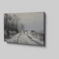 Framed canvas print of a winter landscape with a snowy path and figures walking, in a monochrome colour scheme