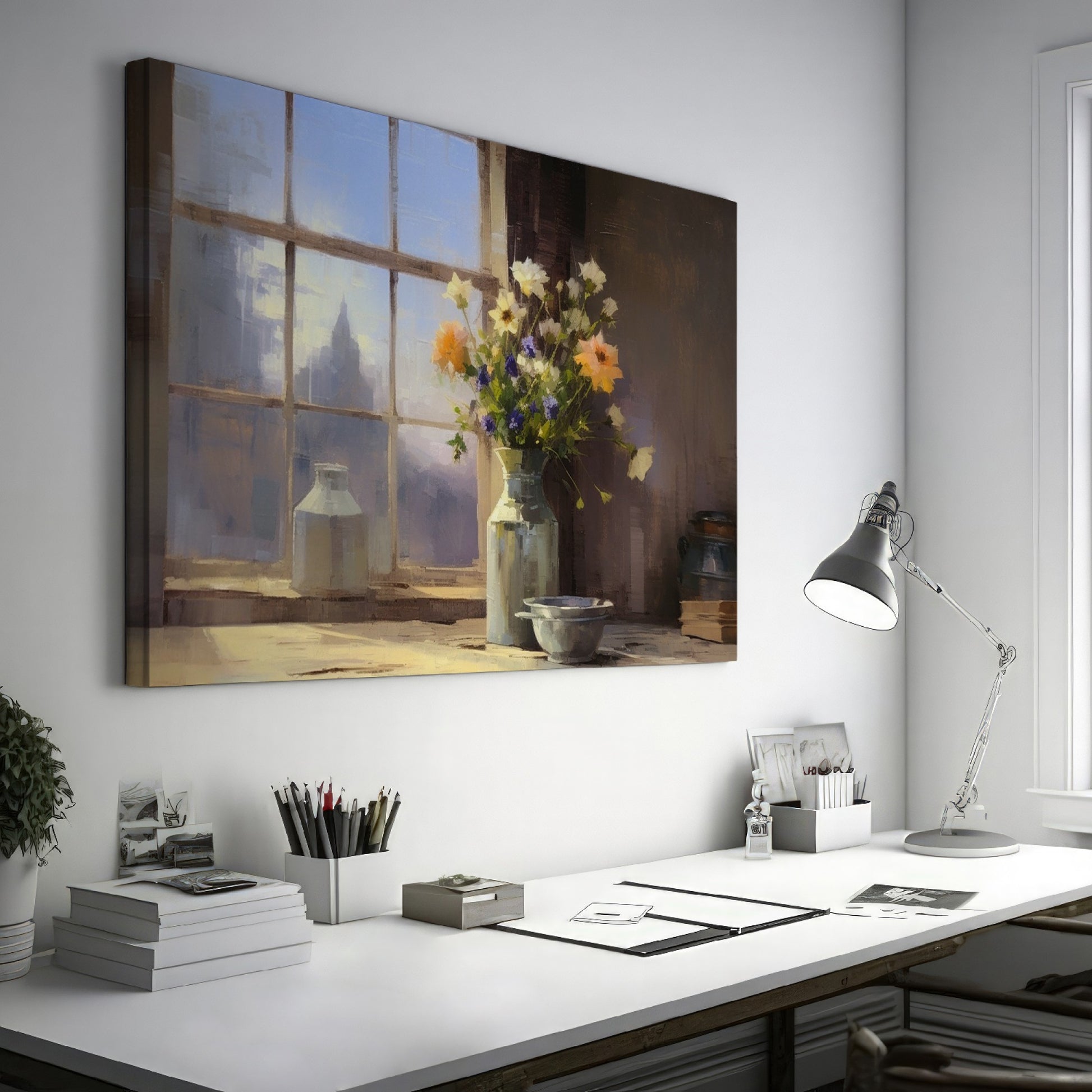 Framed canvas print of a rustic wildflower bouquet on a window sill, with soft morning light