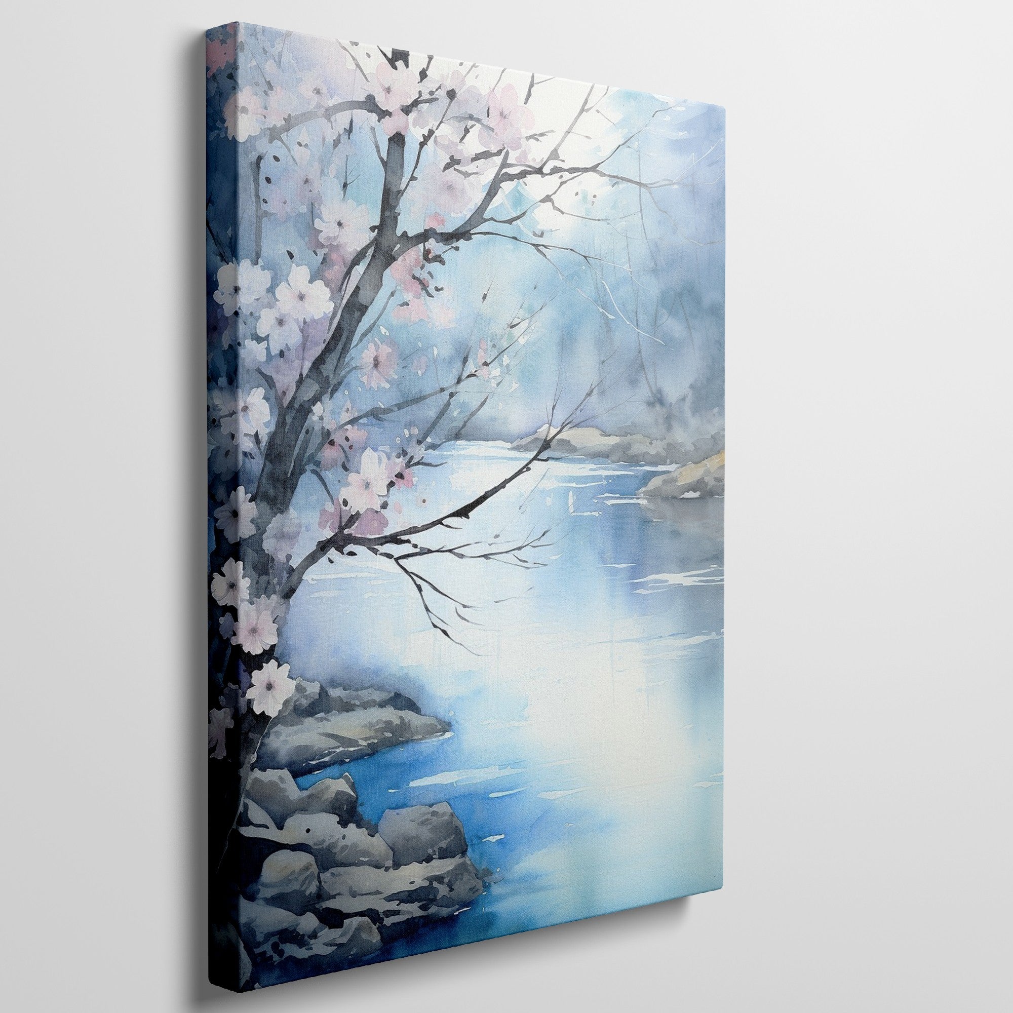 Framed canvas print of a serene watercolour landscape with cherry blossom and tranquil river