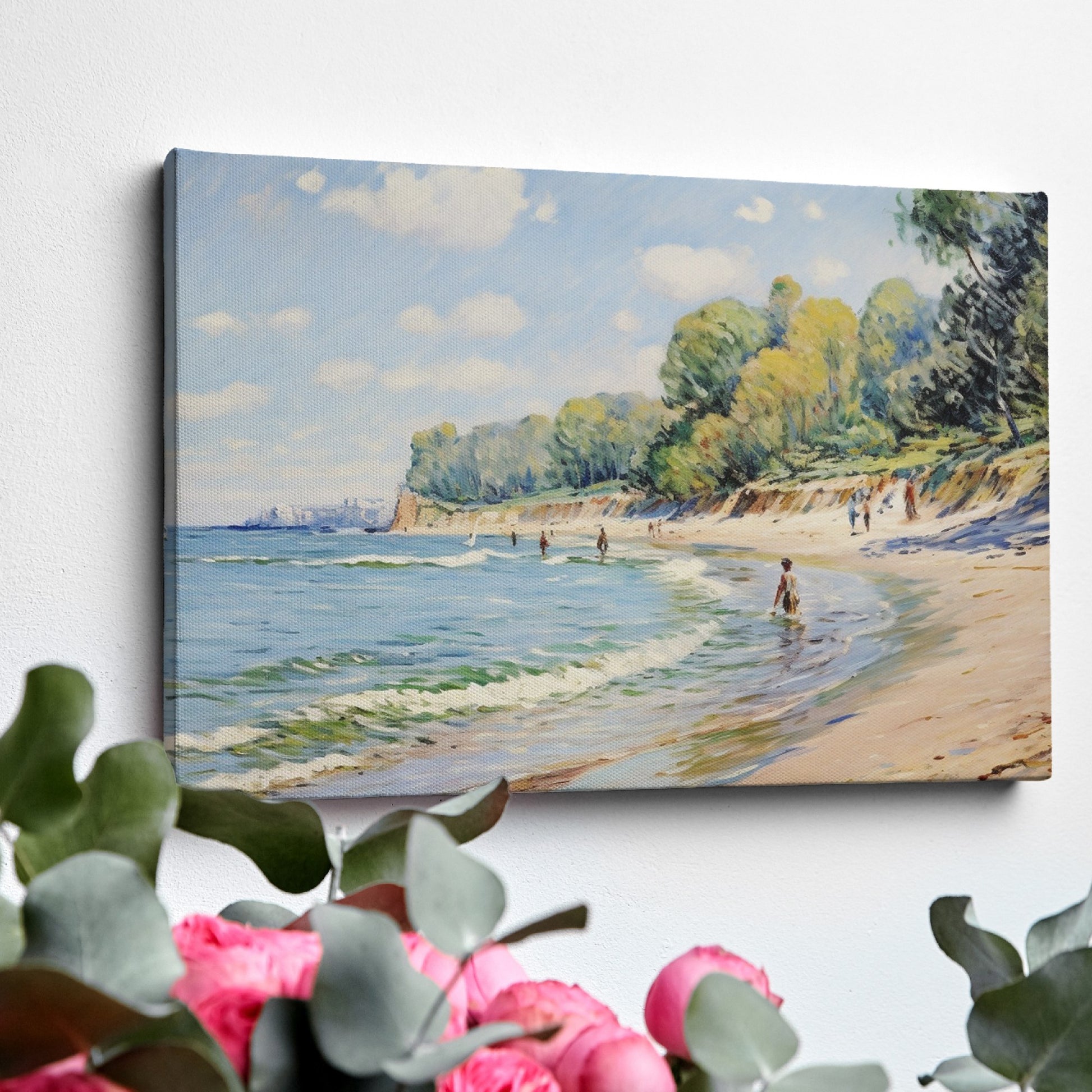 Framed canvas print of an impressionist beach scene with sailboats and people enjoying the shore