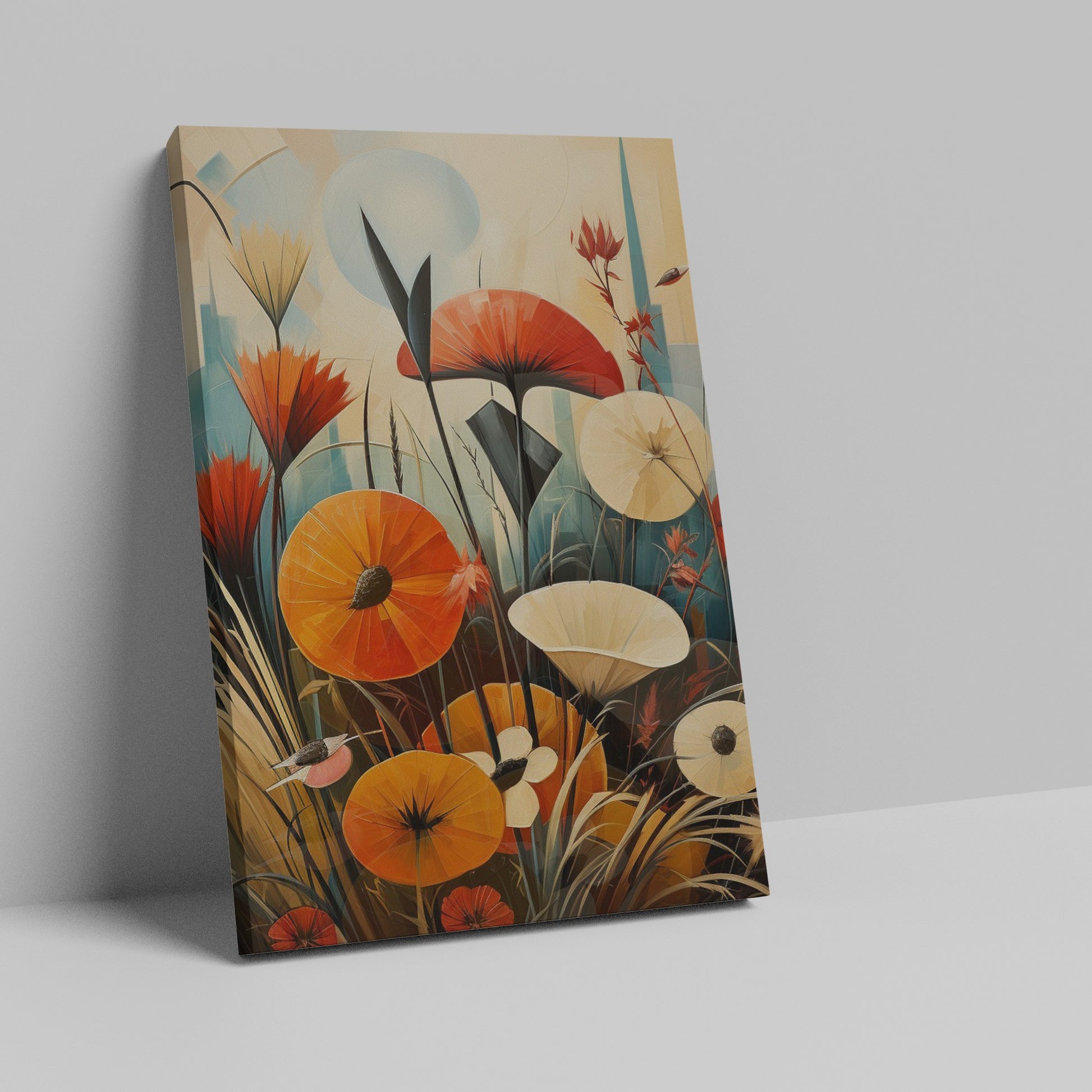 Framed canvas print of stylized poppies with a modern geometric cityscape background