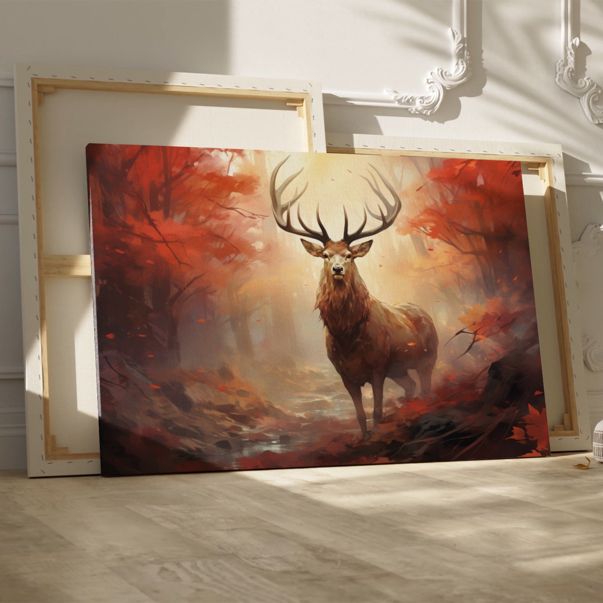 Framed canvas print of a majestic stag in an autumnal forest with red leaves