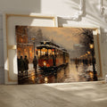 Framed canvas print of a vintage tram on snowy city street at twilight with glowing lamps