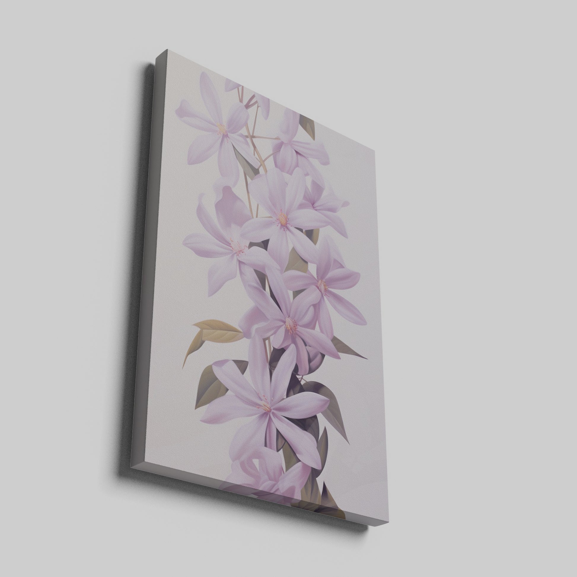 Framed canvas print of delicate lilac blossoms with pastel purple petals and green leaves