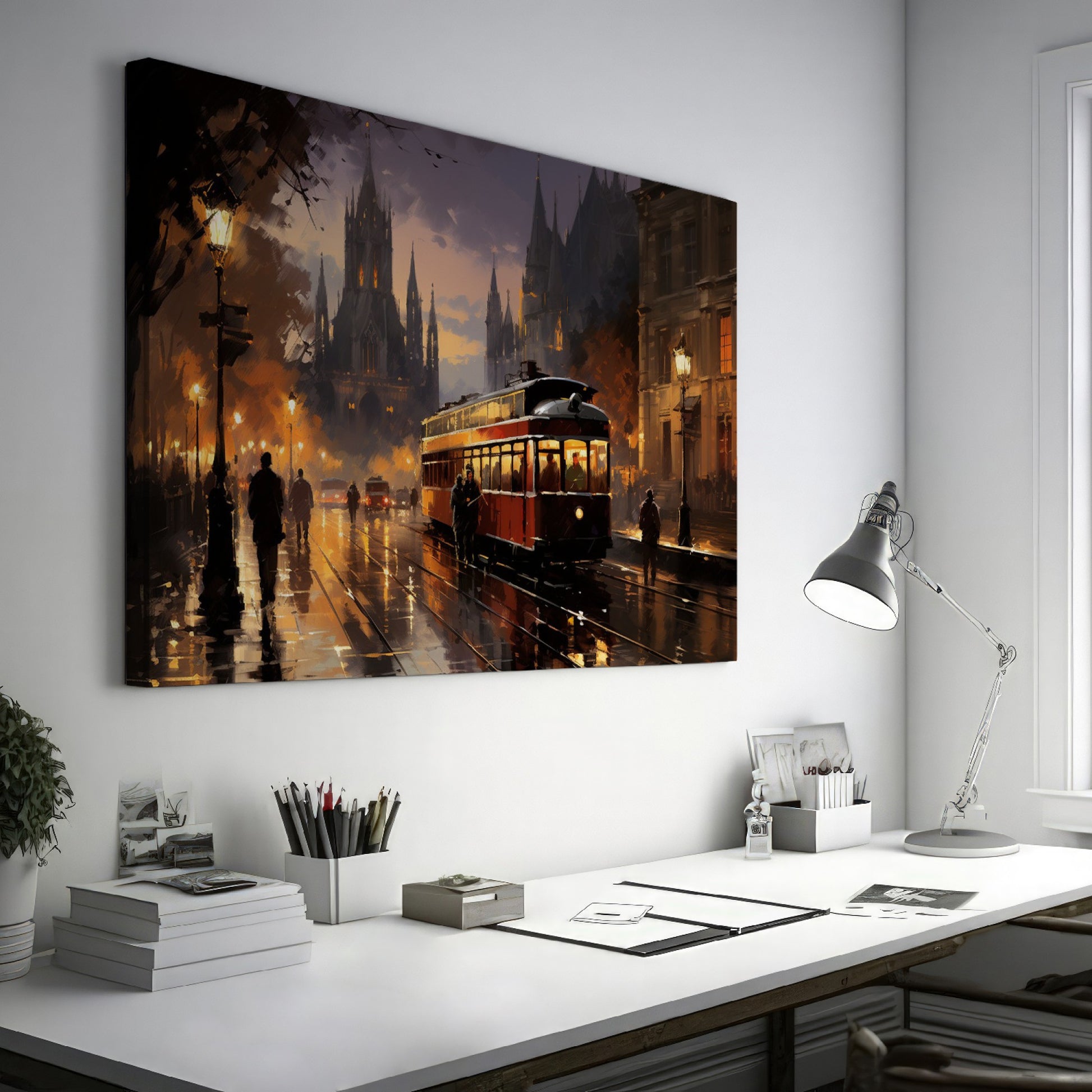 Framed canvas print of a vintage tram travelling through a city with majestic cathedral and warm evening lights reflected on wet streets