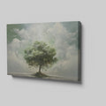 Framed canvas print of a surreal tree floating above a calm lake with birds and ethereal clouds