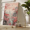 Framed canvas print of an oriental landscape with cherry blossoms and pagodas