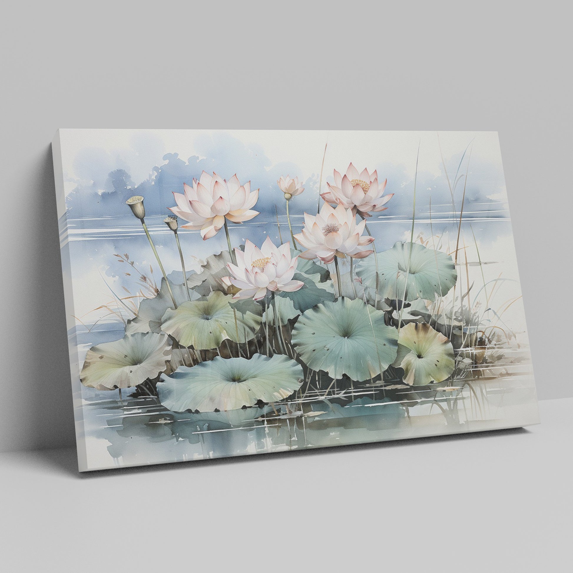 Framed canvas print of serene lotus pond with blooming flowers and gentle hues