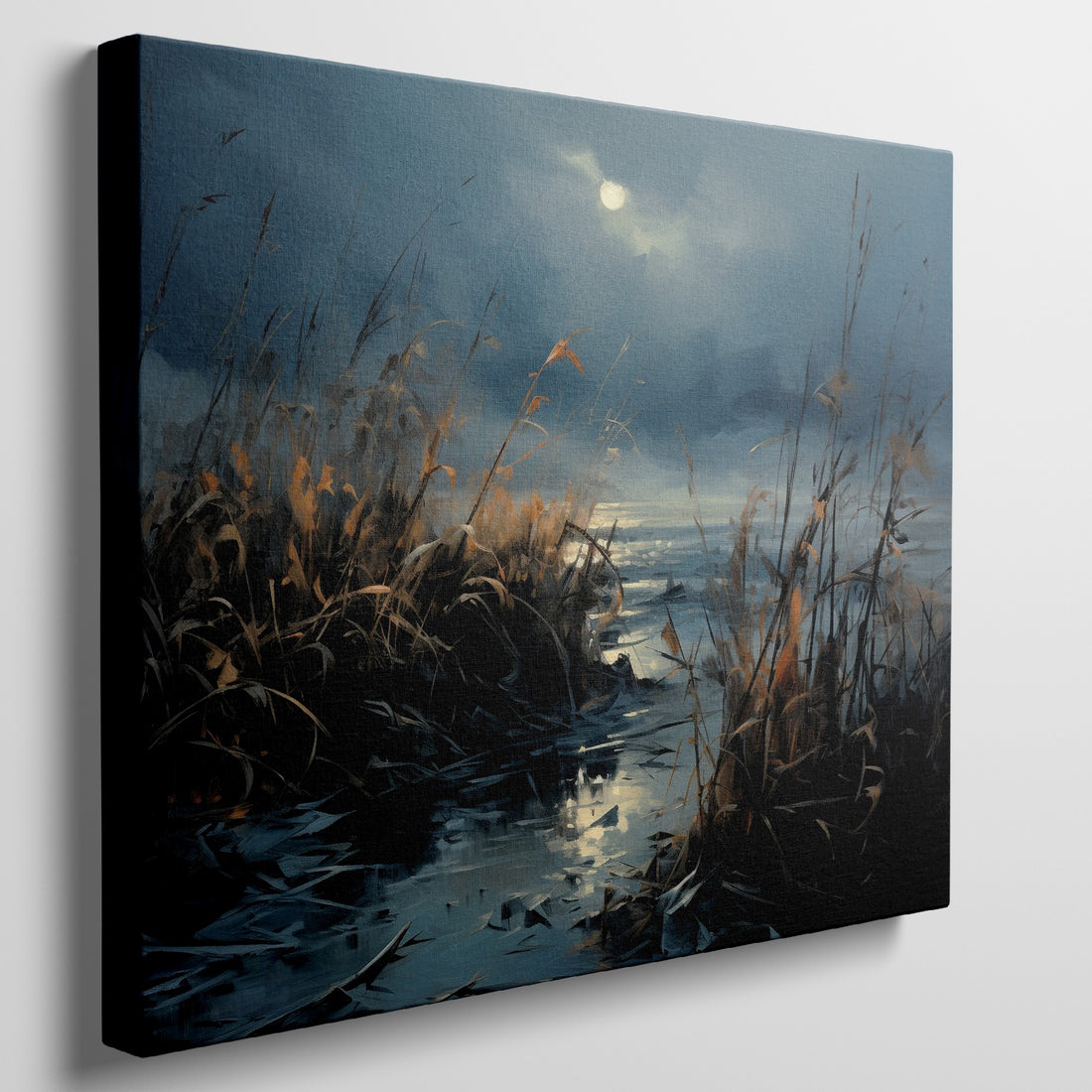 Framed canvas print of an impressionistic landscape with moonlit waters and reed-filled foreground