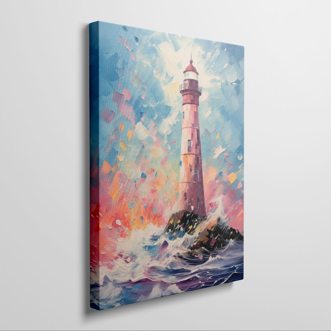 Framed canvas print of an abstract lighthouse and seascape with bold, vibrant colours