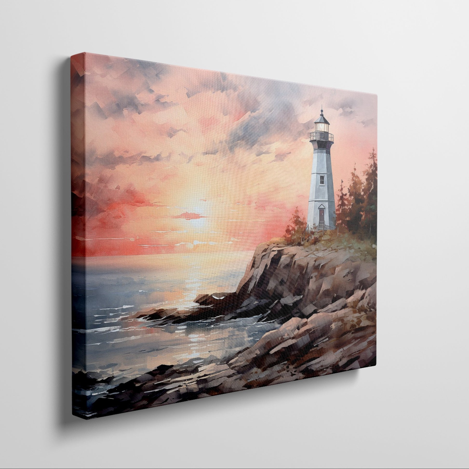 Framed canvas print of a watercolour lighthouse seascape at sunset with vibrant hues of pink, blue, and gold