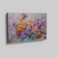 Framed canvas print of vibrant painted flowers, impressionist style with colourful bouquet