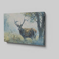 Framed canvas print of a watercolour stag in a serene woodland setting