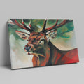 Framed canvas print of an expressive stag portrait with vibrant reds and abstract green background