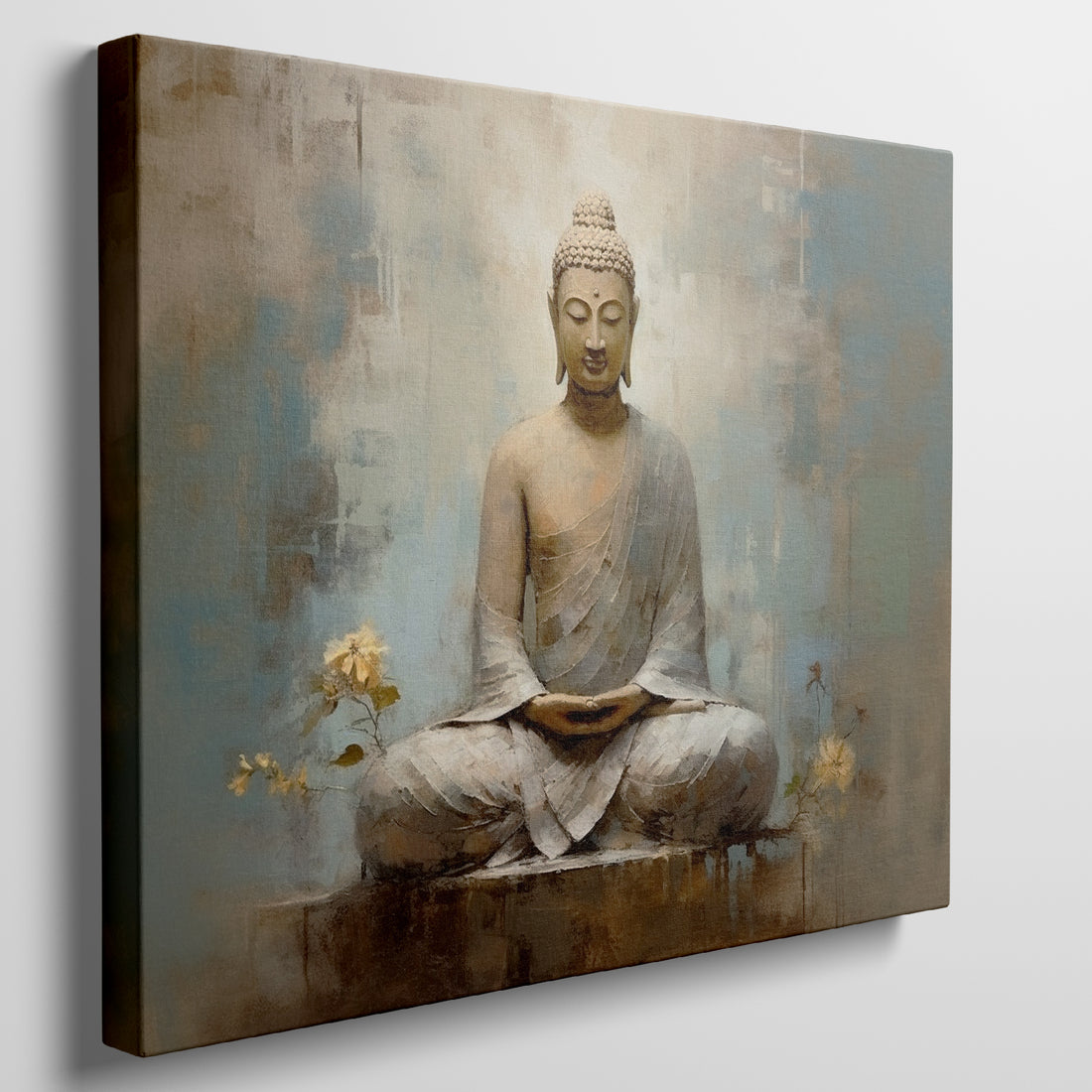 Framed canvas print of a serene Buddha meditating with warm earth tones and blue accents