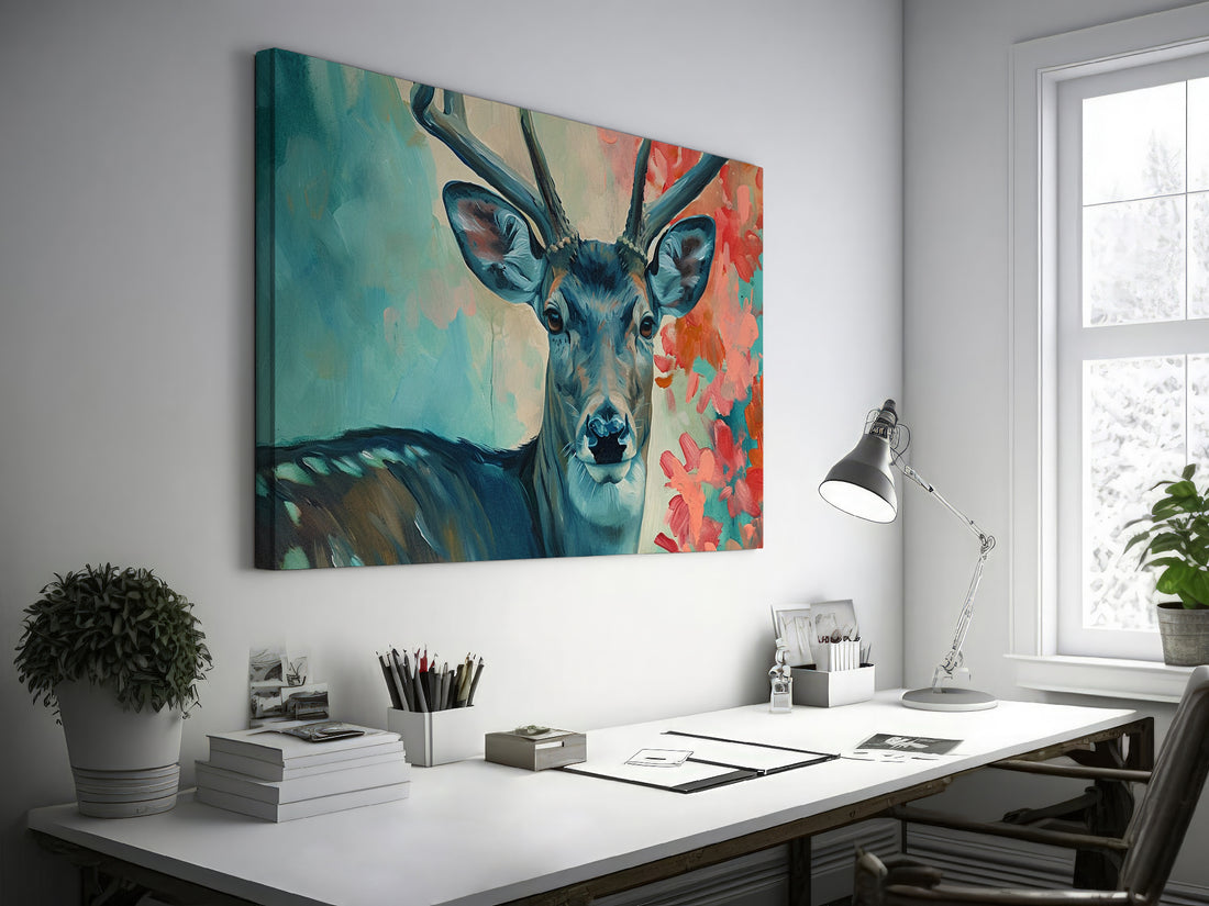 Framed canvas print of an artistic deer portrait with vibrant colours