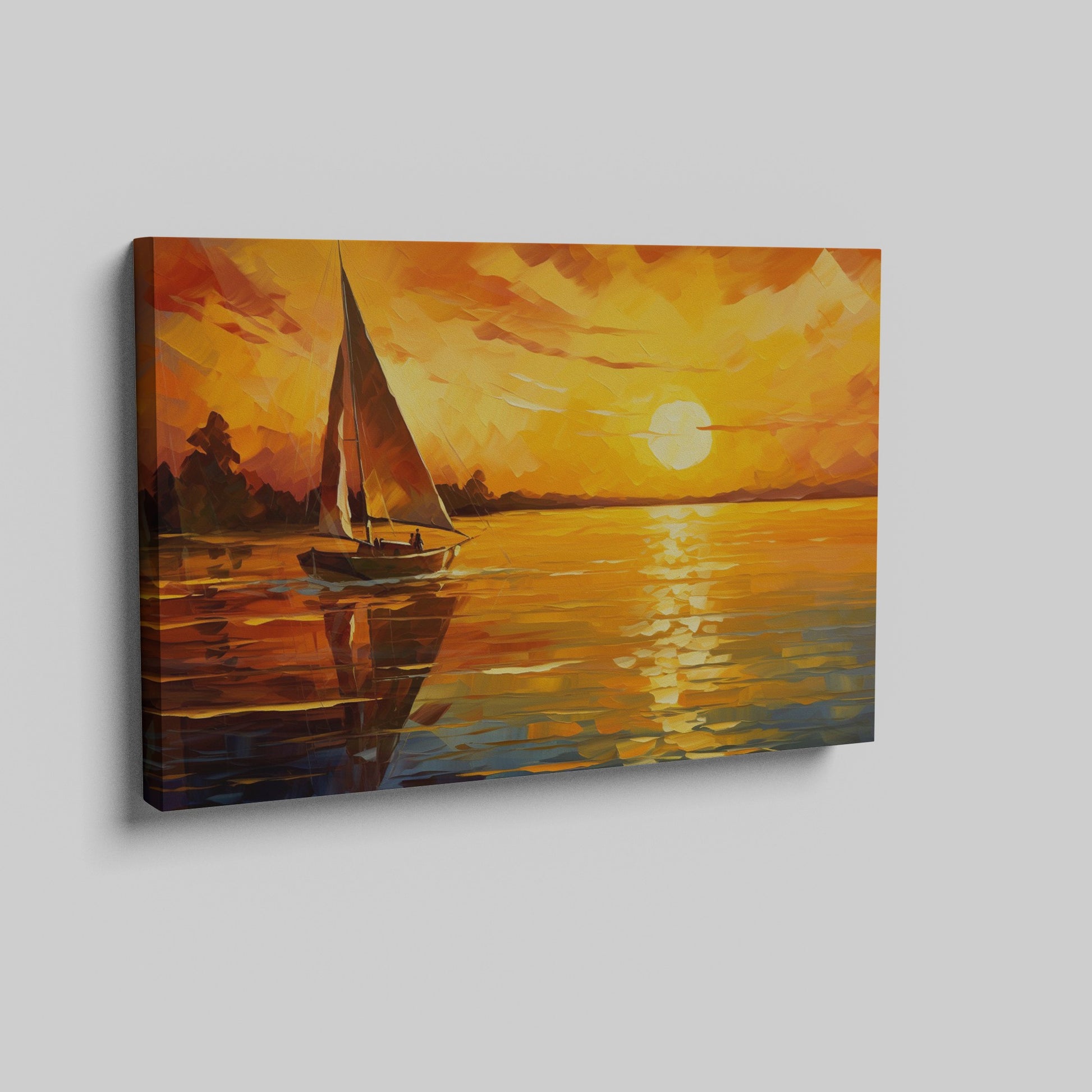 Framed canvas print of an impressionist sailboat against a vivid sunset