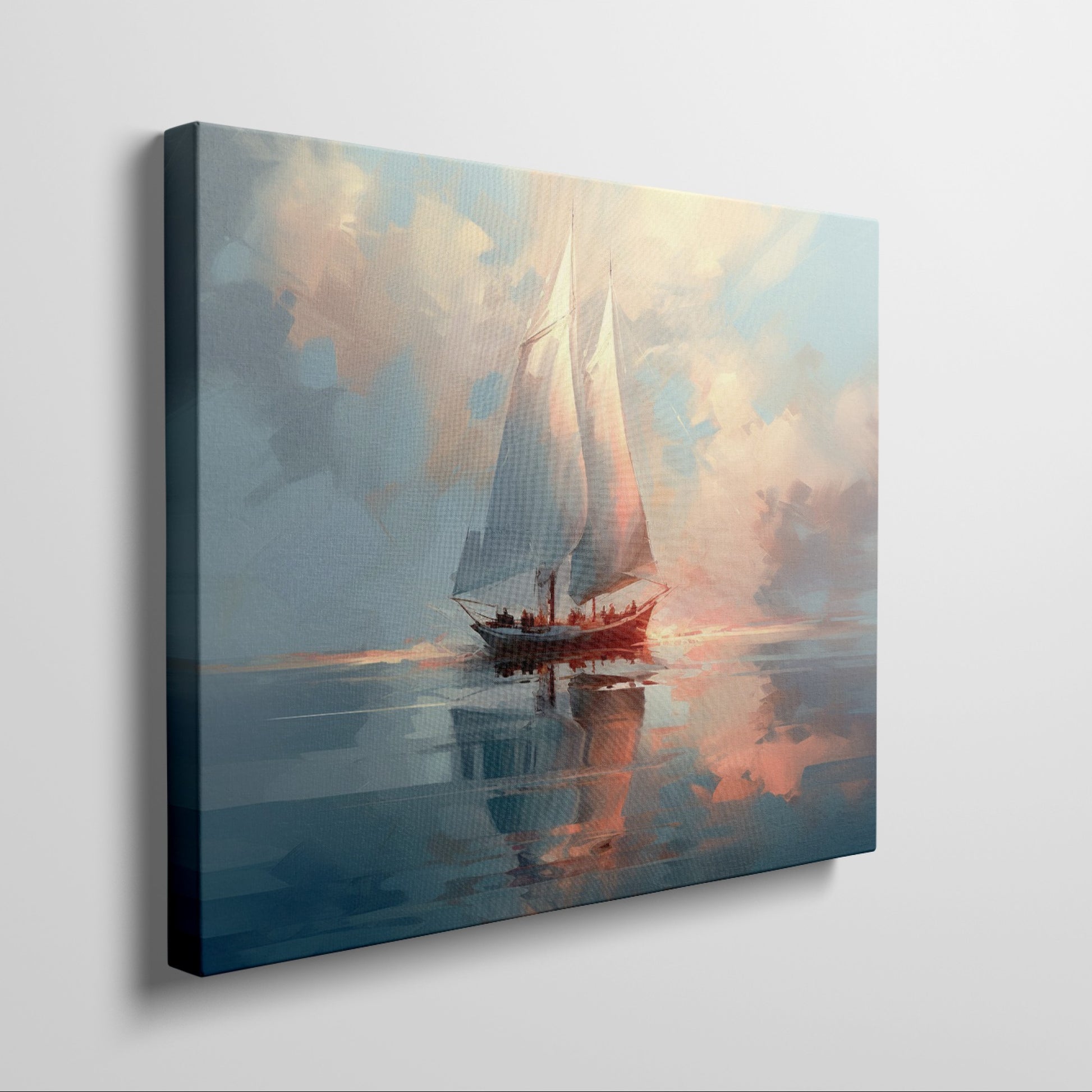 Framed canvas print of an impressionist depiction of a sailboat at sunset with vibrant sky and water reflections