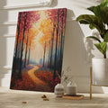 Framed canvas print of a stylised forest with colourful autumn foliage and a winding pathway