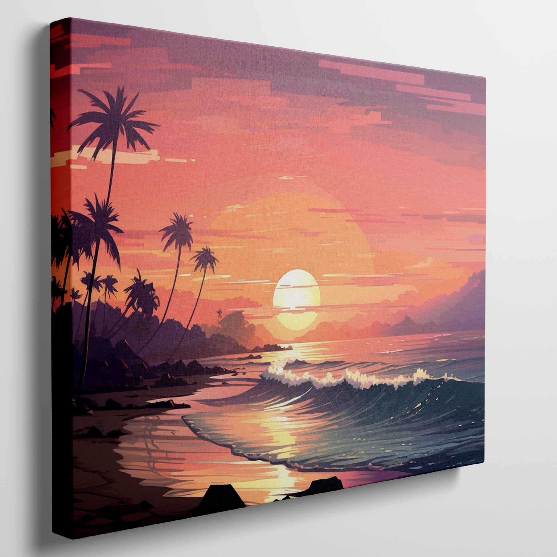 Framed canvas print of a digital tropical sunset with palm trees and ocean waves