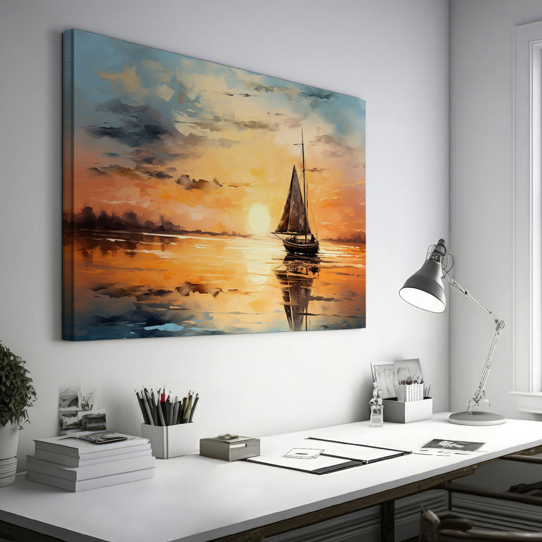 Framed canvas print of sailboat against golden sunset with peaceful ocean reflection