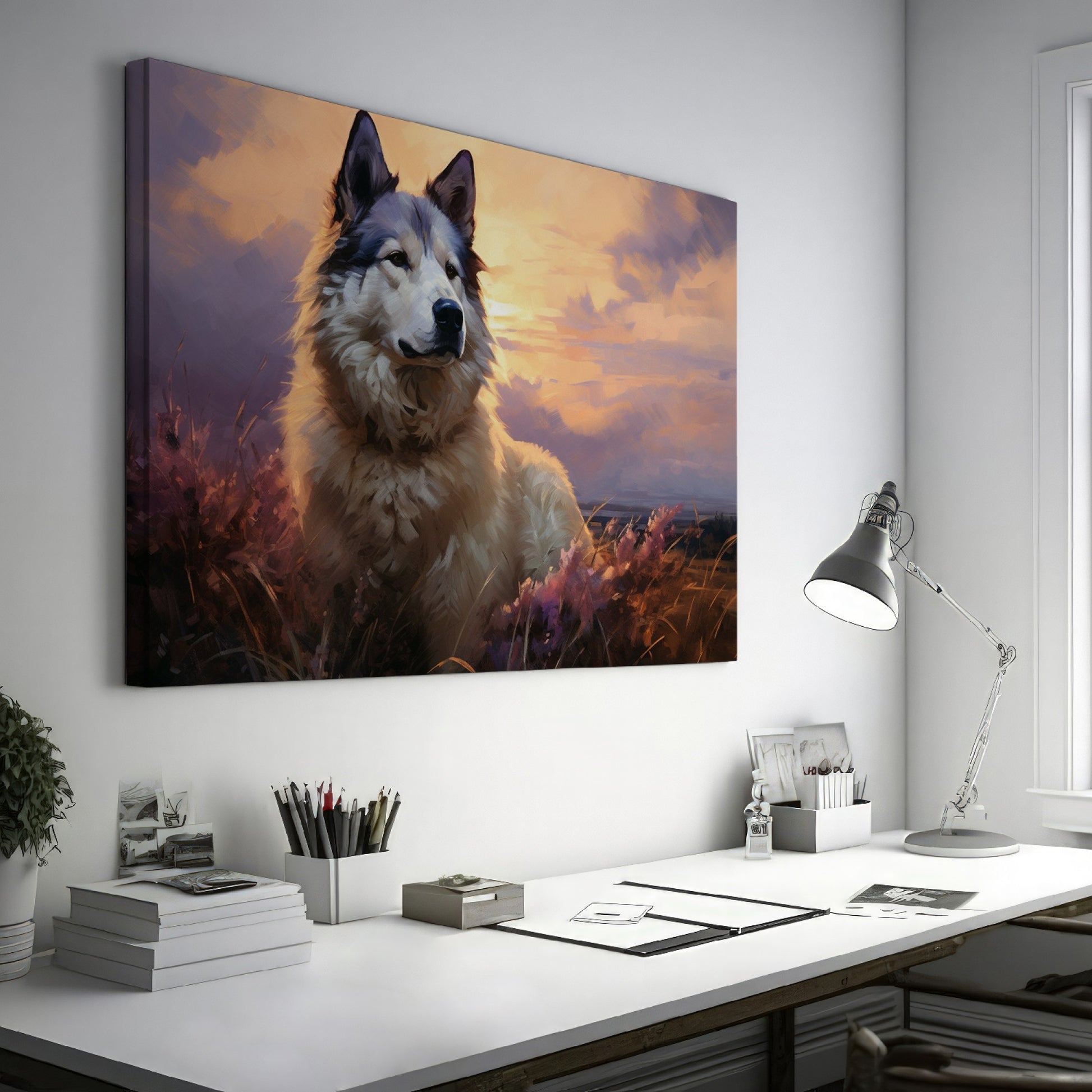 Framed canvas print of a serene dog portrait at sunset with warm amber and lavender tones