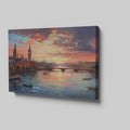 Framed canvas print of a scenic London skyline at sunset with vibrant hues and the River Thames