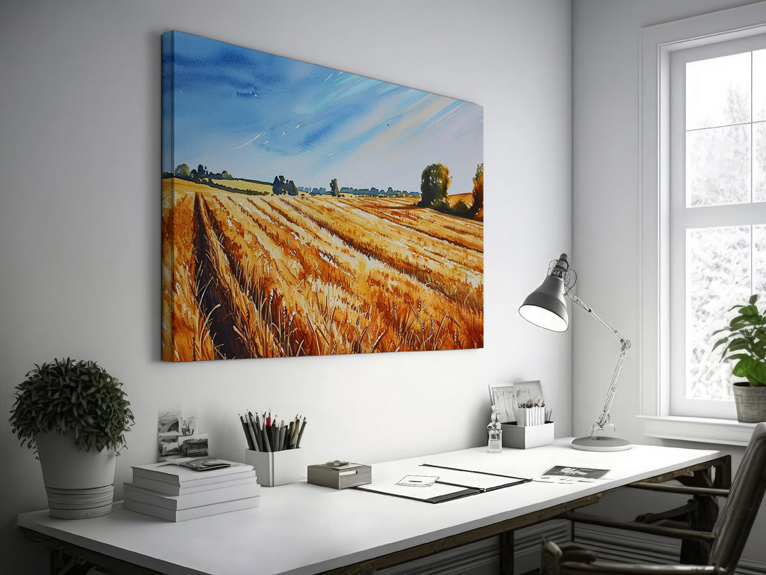 Framed canvas print of golden wheat fields under a blue sky in a rural landscape