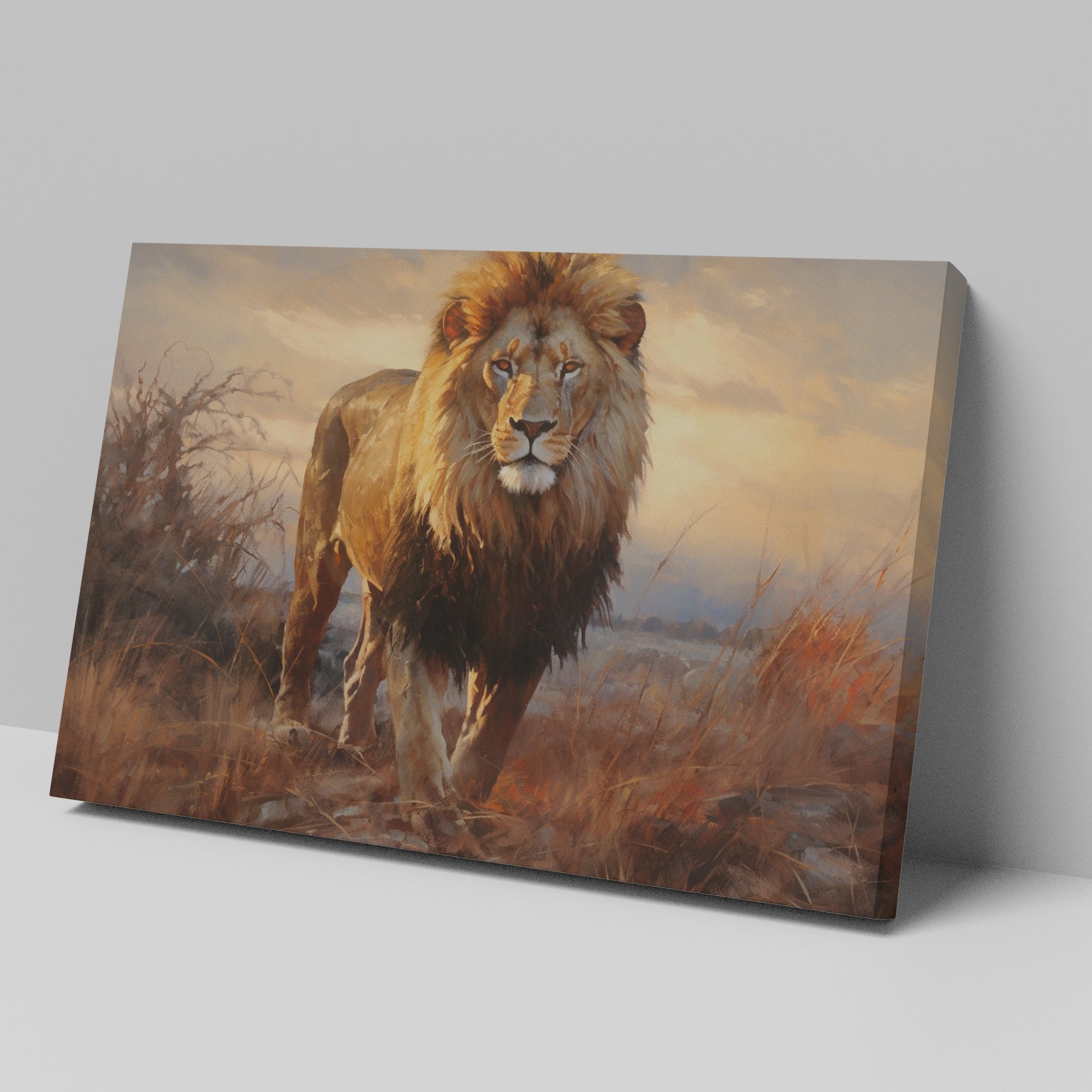 Framed canvas print of a realistic lion amidst a warm-toned African savannah landscape