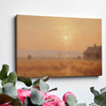 Framed canvas print of a misty, Impressionist-style sunset over a rustic countryside landscape with warm tones