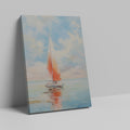 Framed canvas print of a vibrant sailboat against a pastel sunset sky reflected on tranquil ocean waters