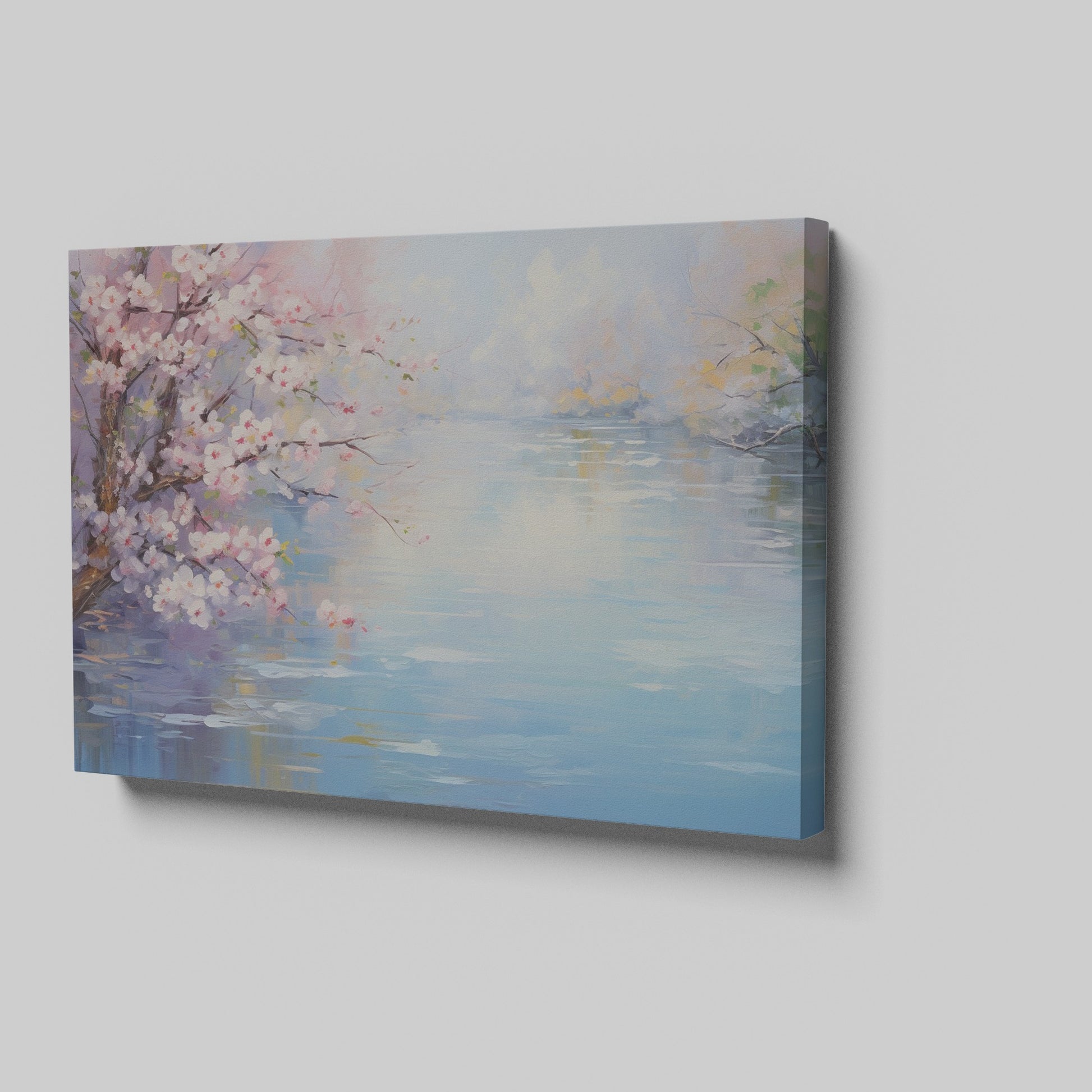 Framed canvas print of a serene impressionist painting with cherry blossoms and river reflections