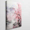 Framed canvas print of a misty cherry blossom landscape with pink florals and soft mountain backdrop