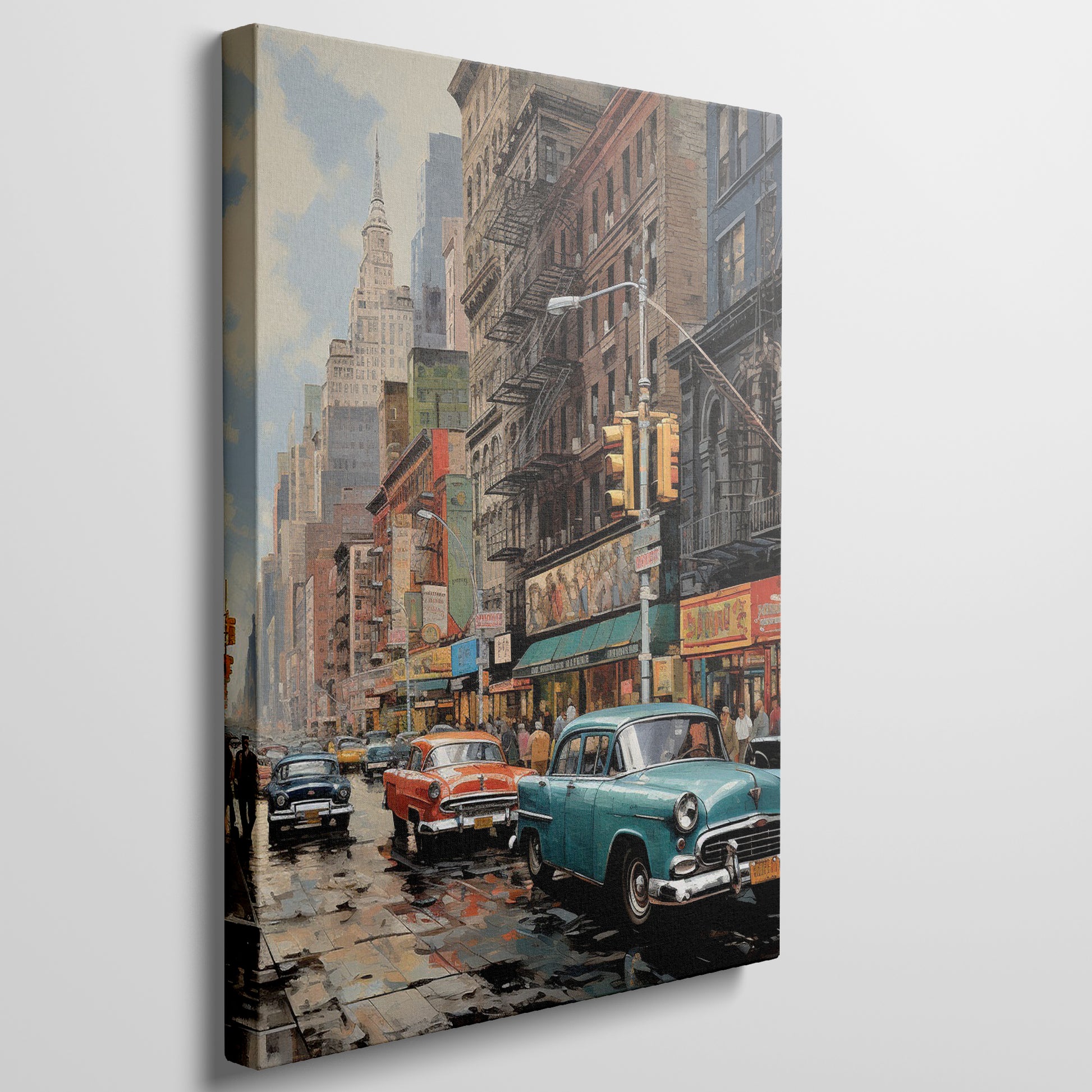 Framed canvas print of nostalgic New York street scene with vintage cars and historic buildings