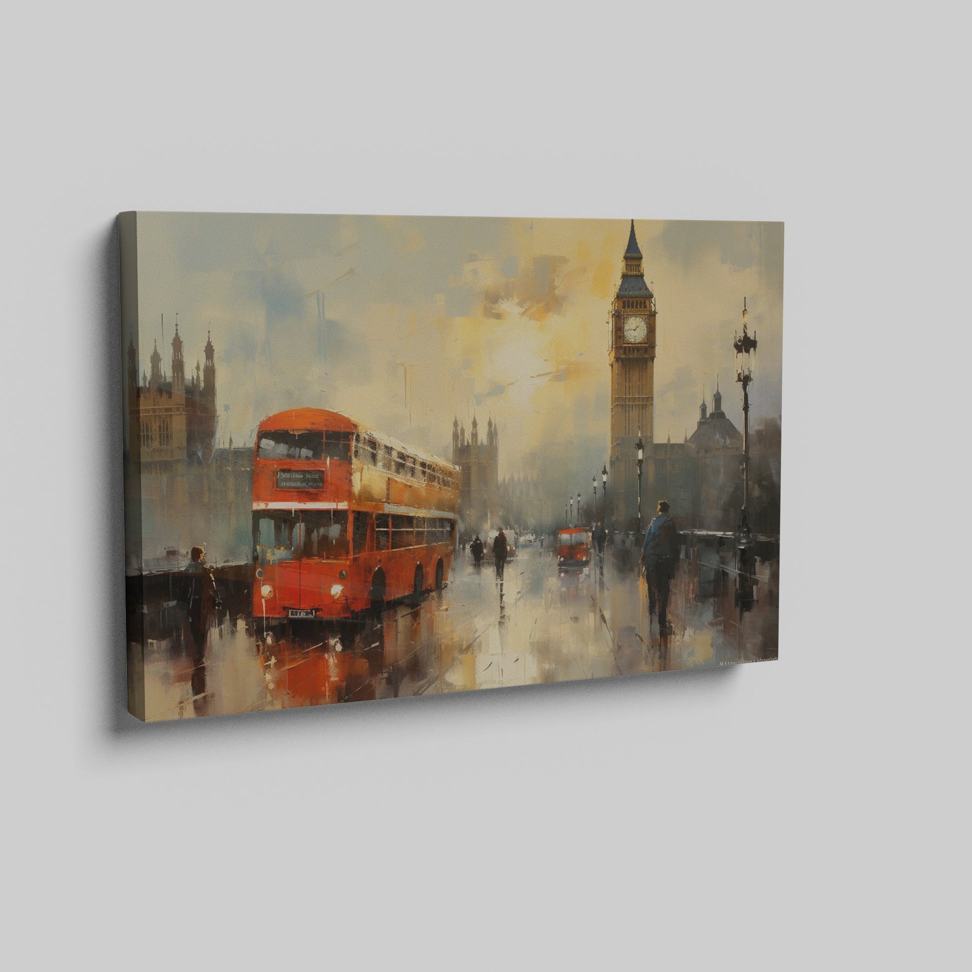 Framed canvas print of London with rain-swept Westminster, Big Ben, and a vintage red bus