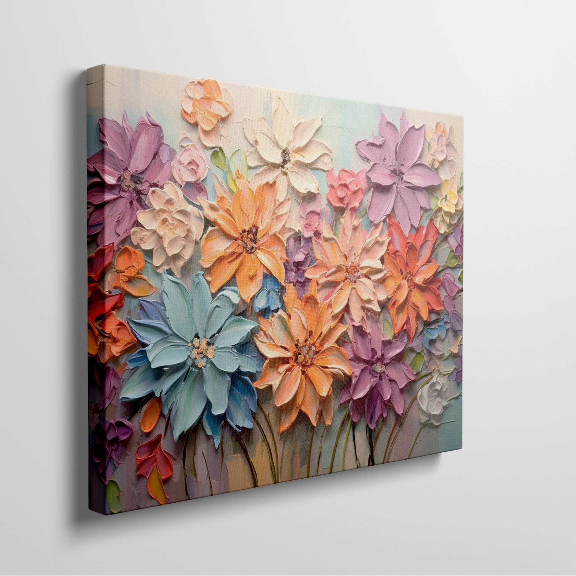 Framed canvas print of vibrant impasto flowers with 3D texture in bright colors