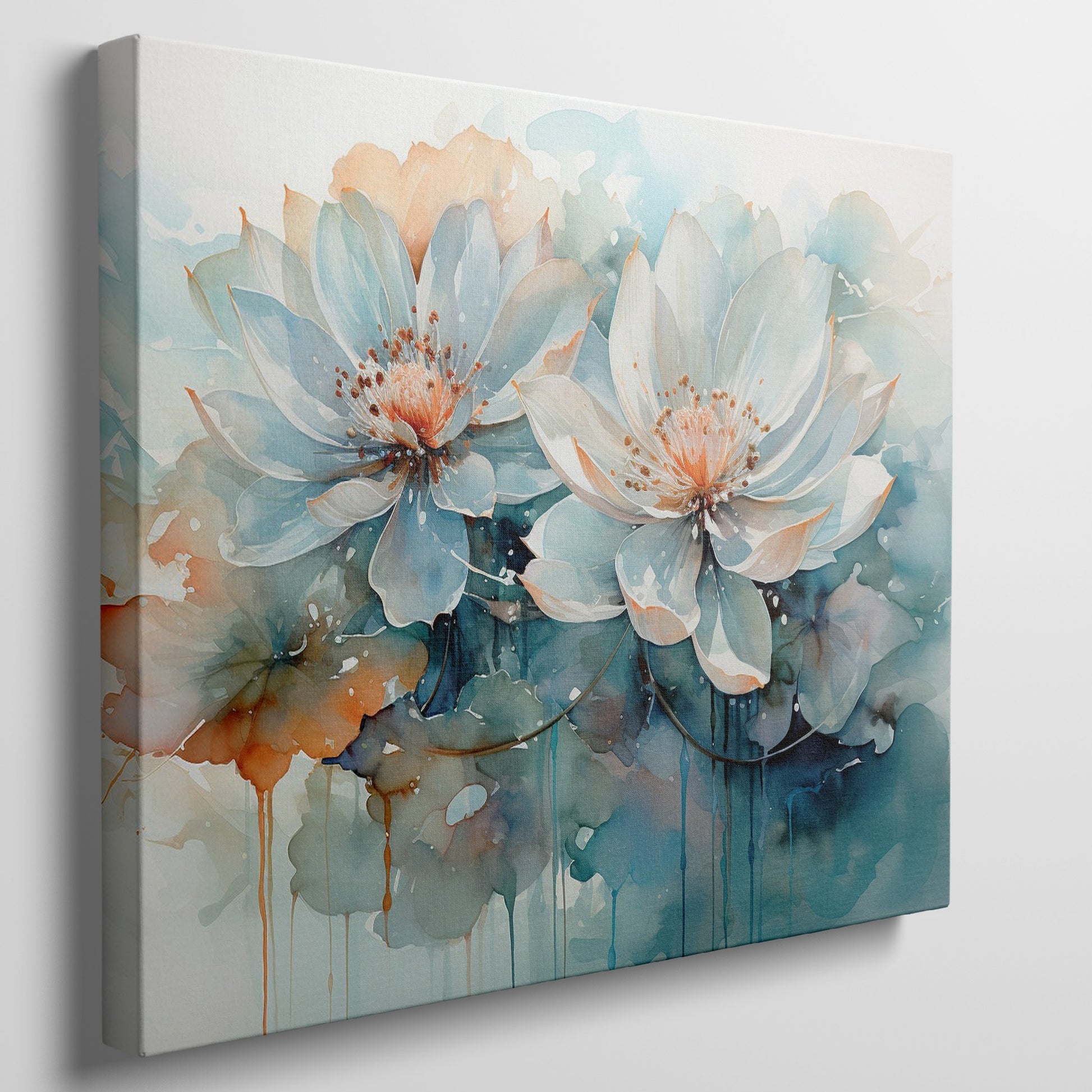 Framed canvas print of abstract watercolor lotus flowers with vibrant aquamarine and earth tones