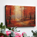 Framed canvas print of an impressionist autumn forest with vibrant red and orange leaves and a misty pathway