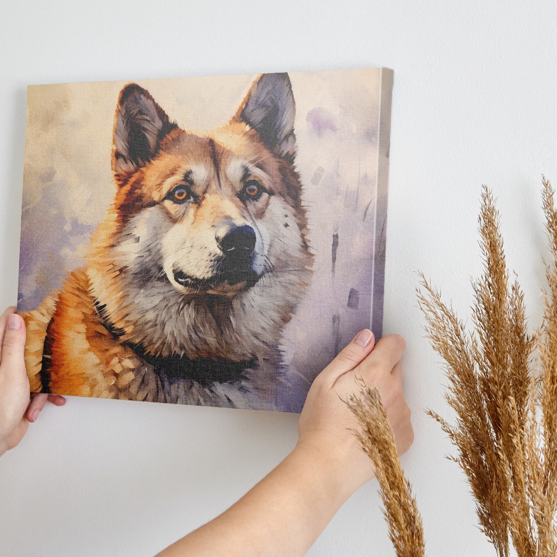 Framed canvas print of a detailed and textured digital painting of a majestic dog in warm colours