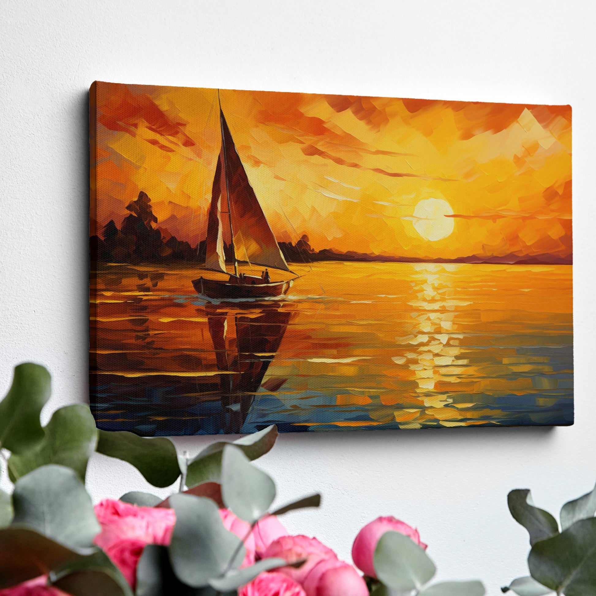 Framed canvas print of an impressionist sailboat against a vivid sunset