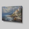 Framed canvas print of a realistic painting depicting a cliffside Mediterranean village with vivid blue sea and sky