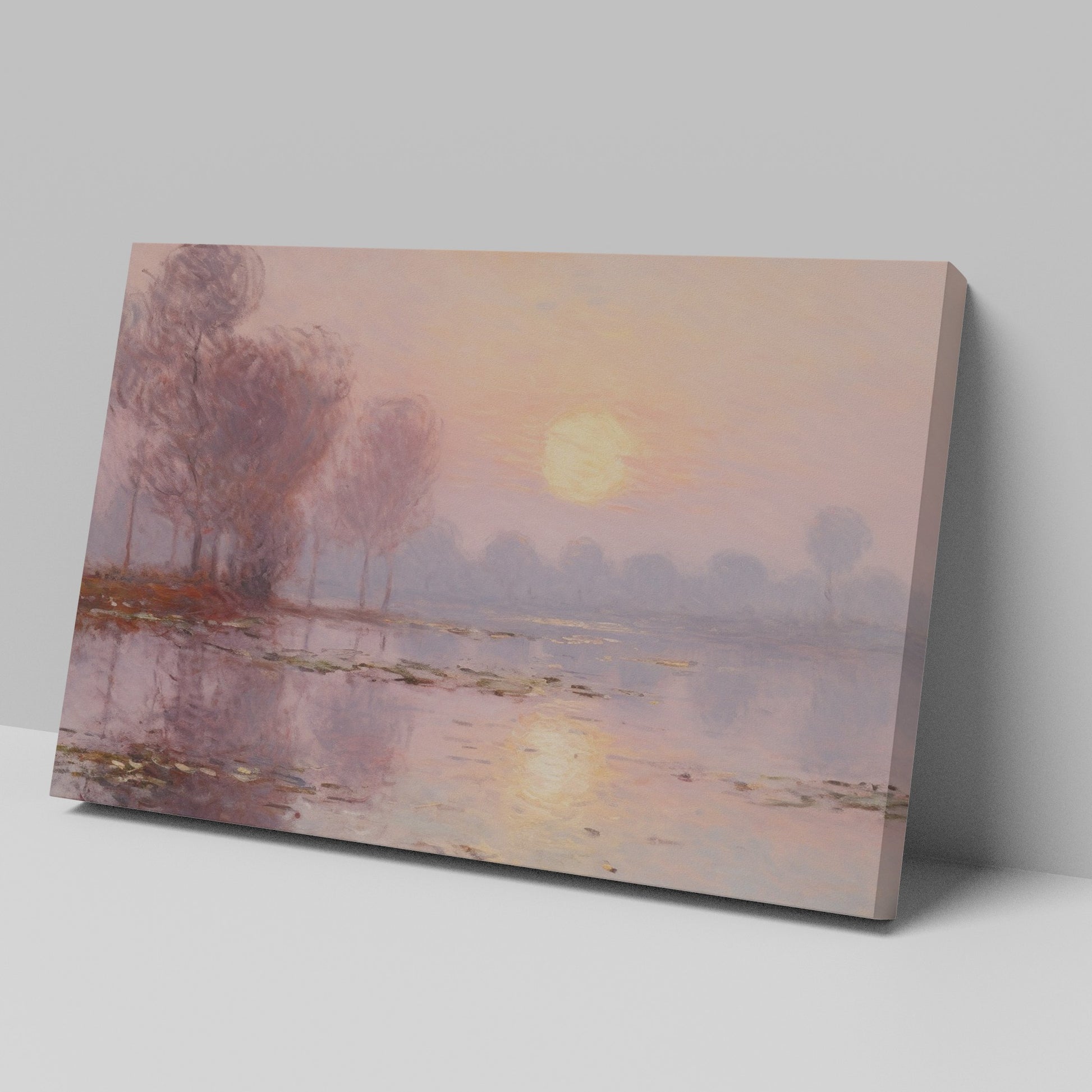 Framed canvas print of a misty river sunrise with reflection and soft pastel colours in impressionist style