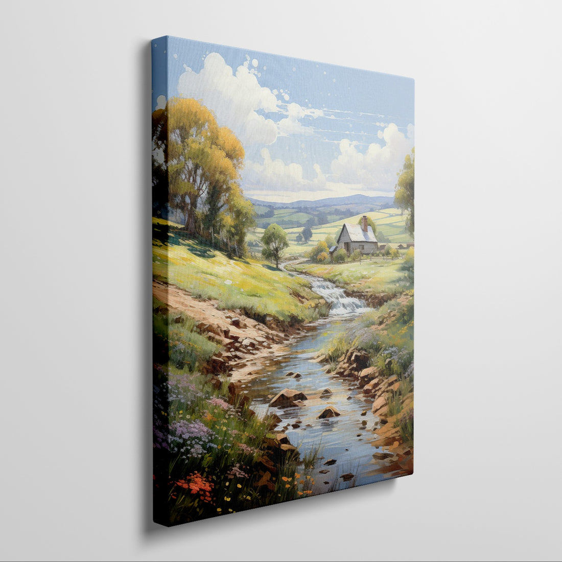 Framed canvas print of a vibrant rural landscape with a stream and cottage