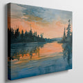 Framed canvas print of a tranquil watercolour landscape with serene reflection and warm sunset tones