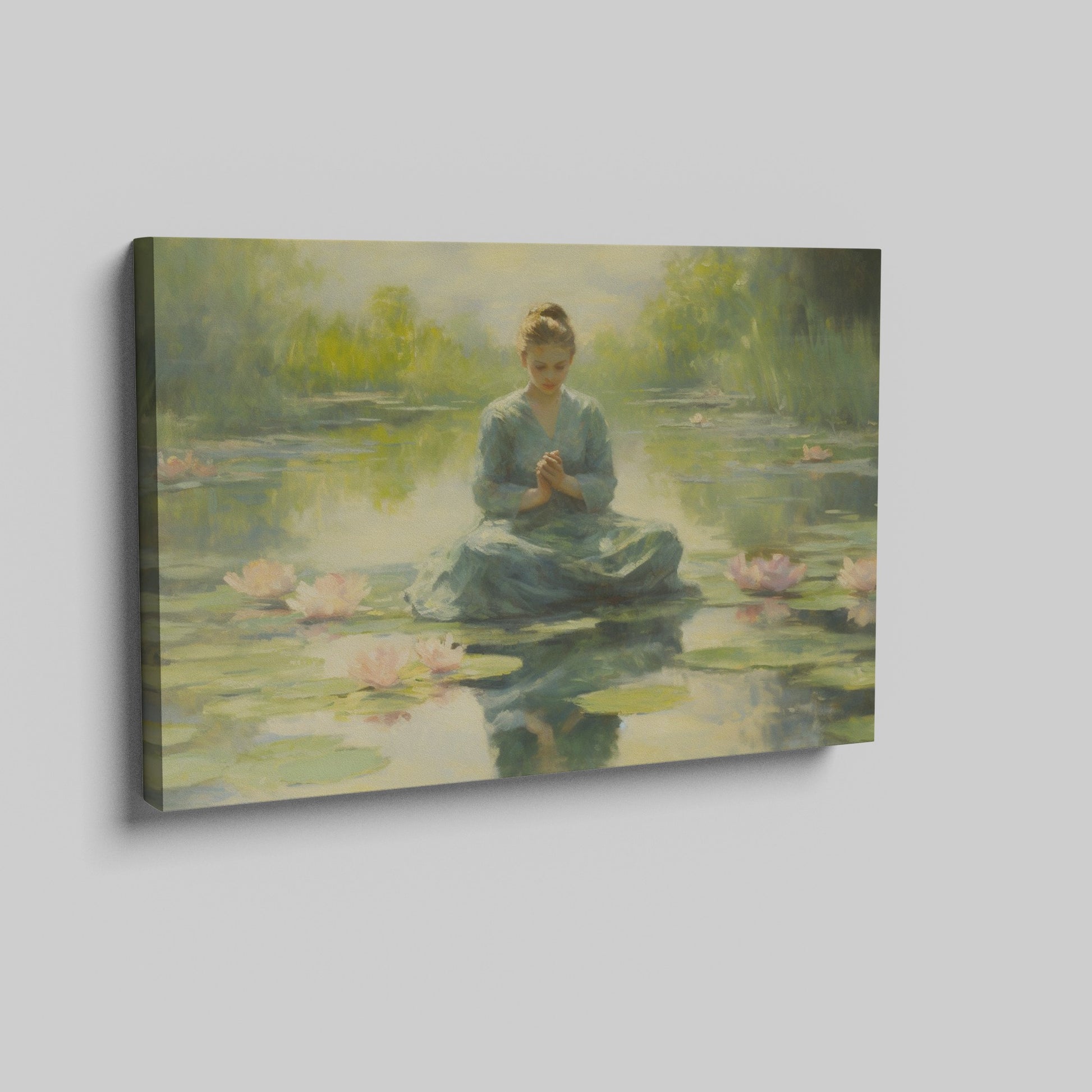 Framed canvas print of a meditative woman in a tranquil lotus pond with soft light and pastel colours