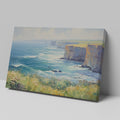 Framed canvas print of an impressionistic seascape with cliffs, wildflowers, and ocean