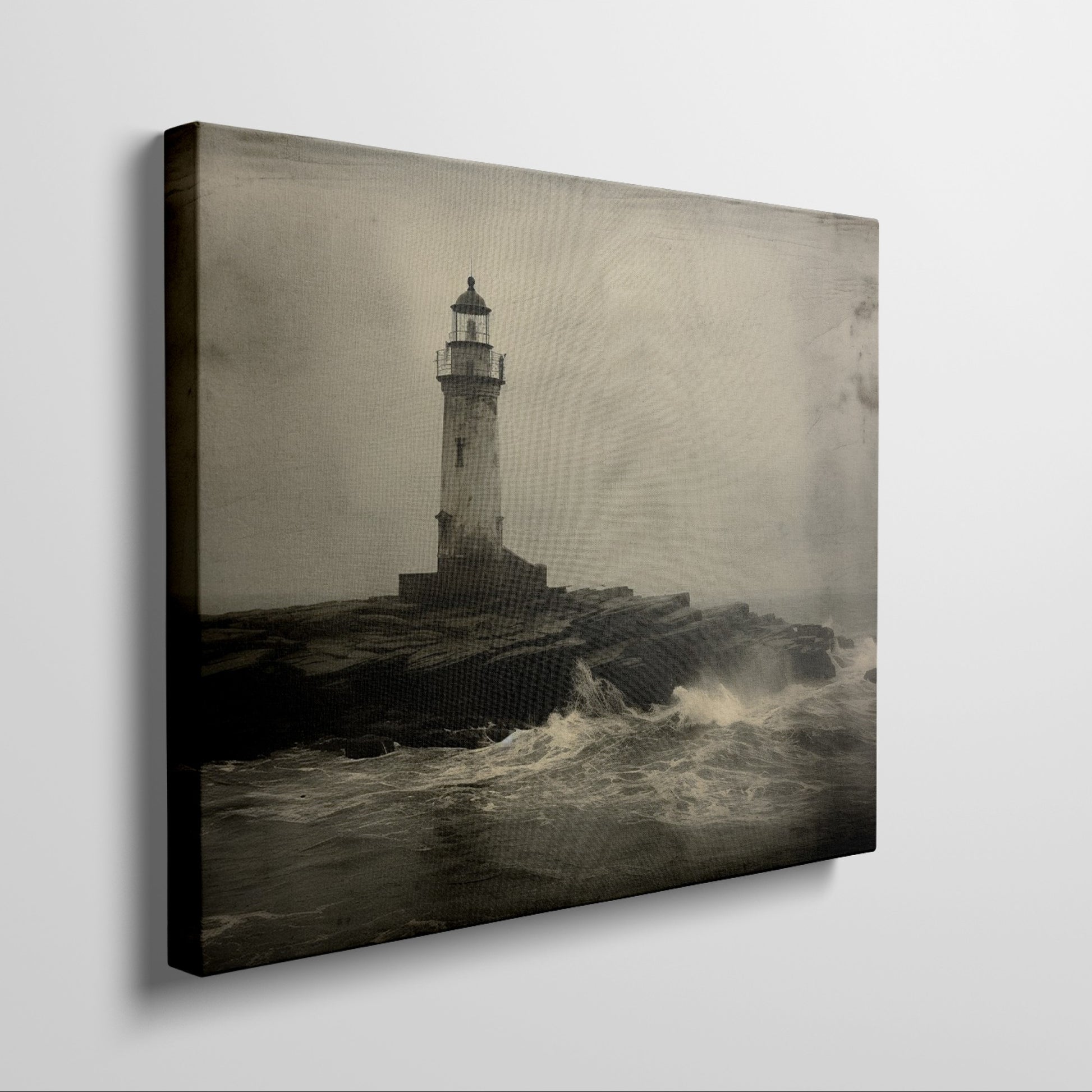 Framed canvas print of a vintage-style lighthouse on a stormy shore in sepia tones