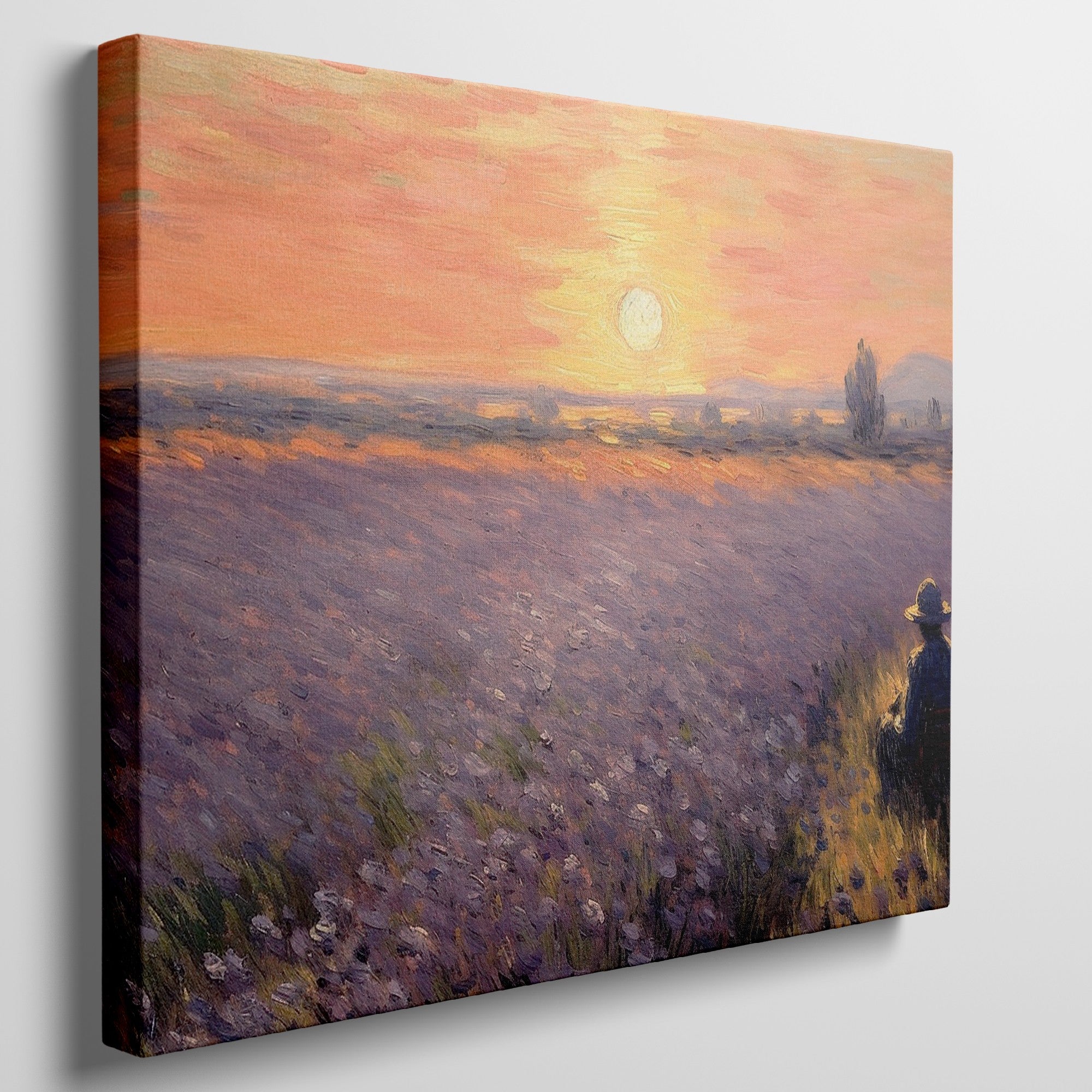 Framed canvas print of an impressionist lavender field with a person at sunset displaying warm sunset colours