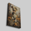 Framed canvas print of a cheerful dog surrounded by autumn leaves in a woodland setting