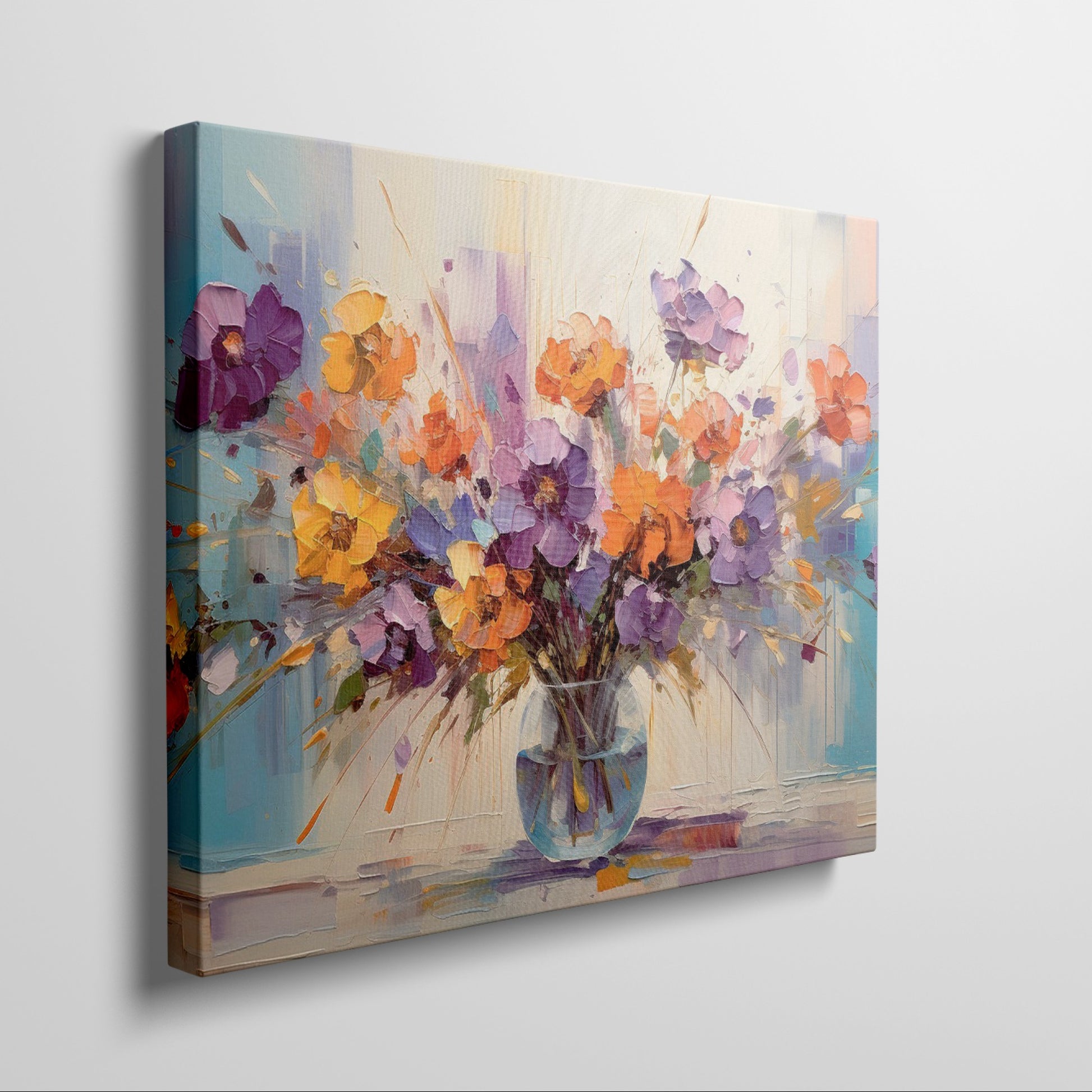 Framed canvas print of lively impressionist floral bouquet with vibrant purples, oranges, and yellows